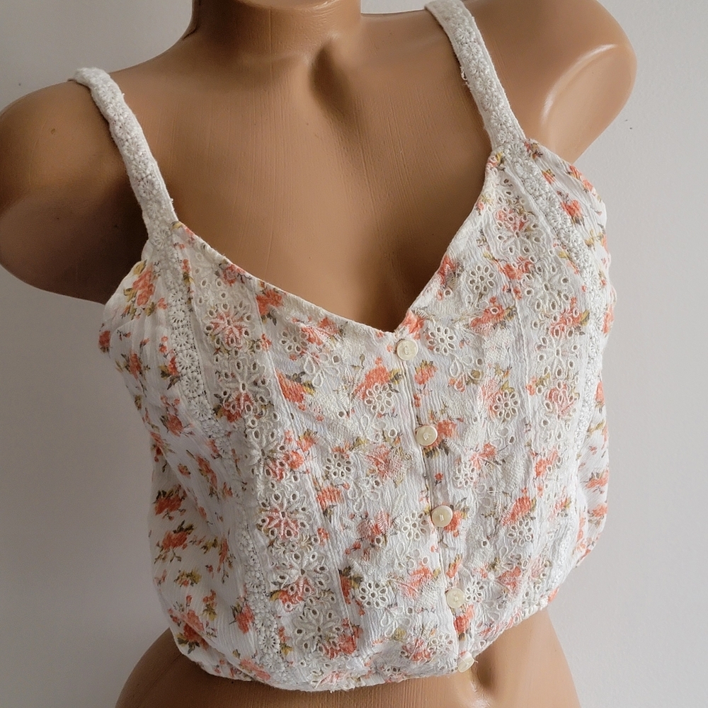 American Eagle Outfitters White Cropped Tank Peach Petite Floral Print Boho S